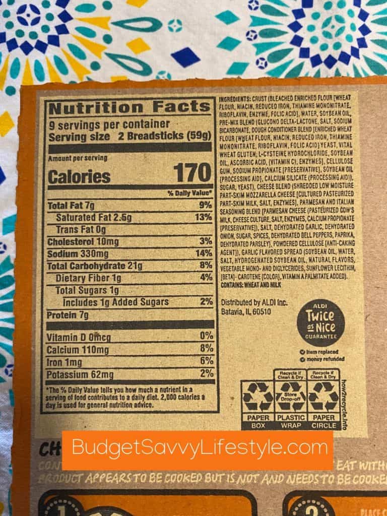 Aldi's Mama Cozzi's Cheesy Bread Sticks Nutritional Information